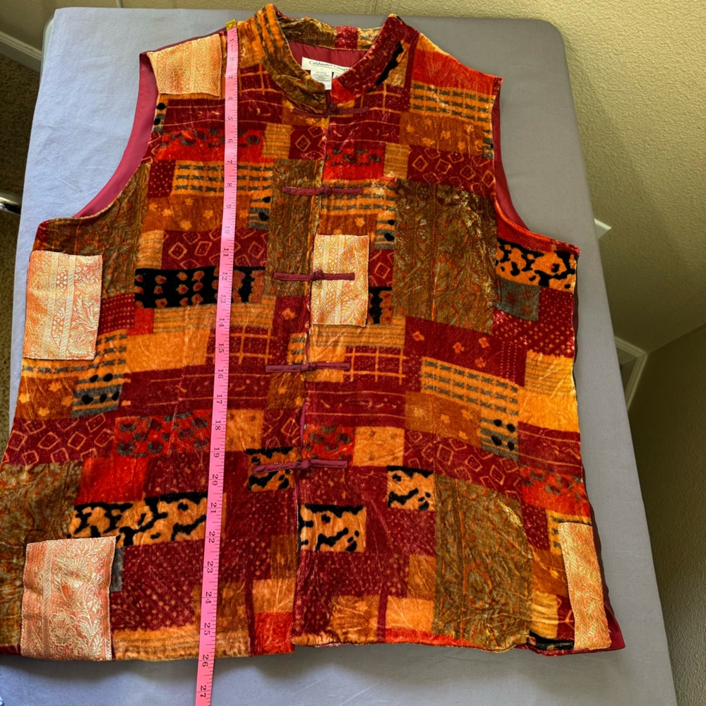 Coldwater Creek top women XL silk blend velvet patchwork vest red & orange - Picture 7 of 7